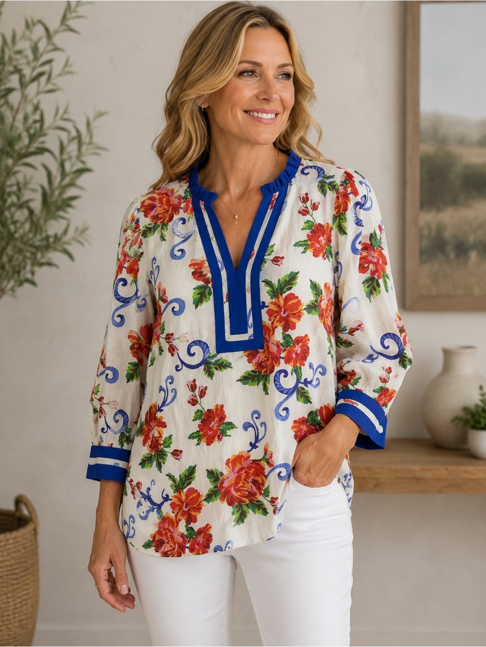 Oddi Bright Floral Split-Neck Tunic with Royal Blue Trim Size Large